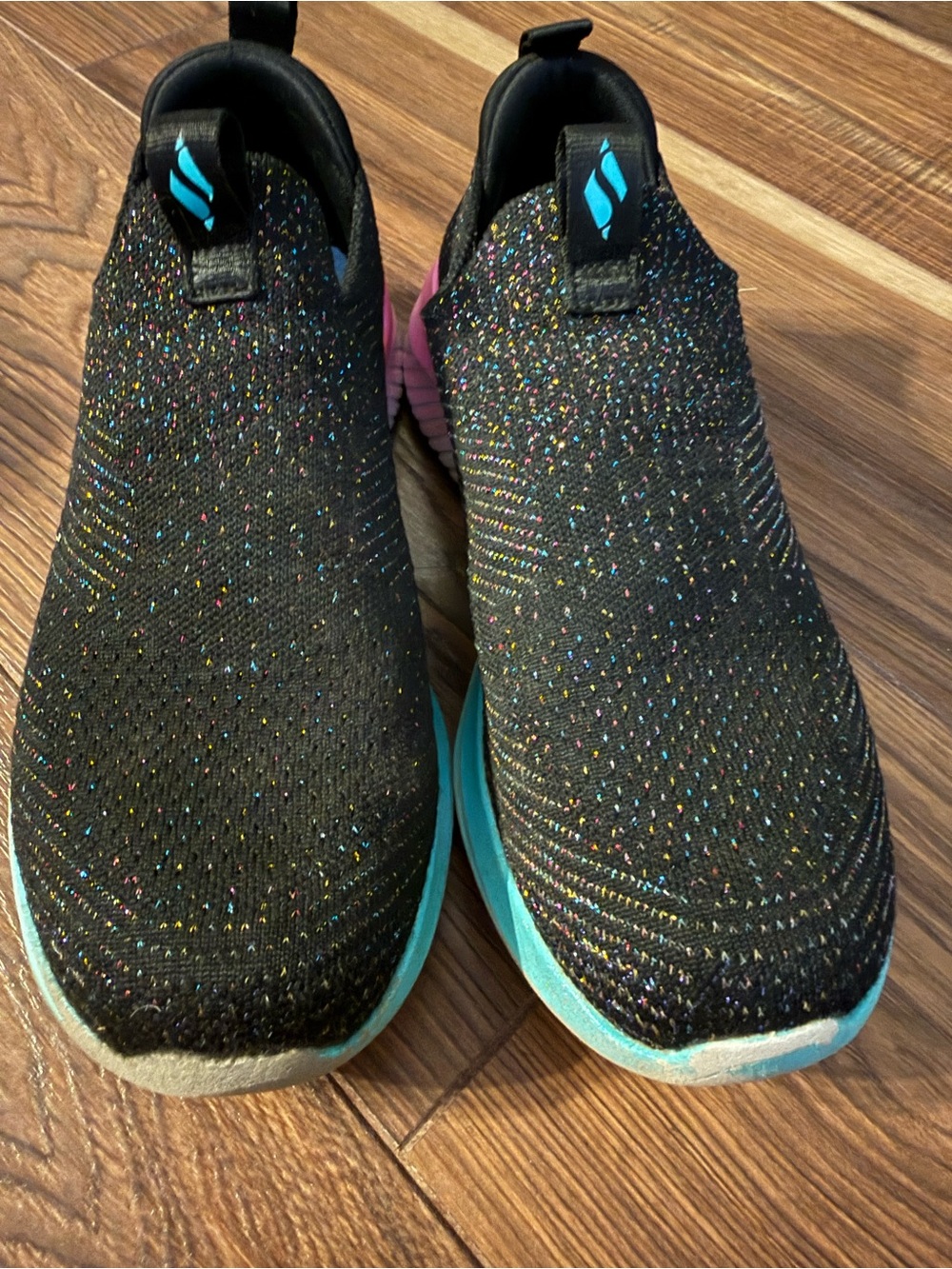 Kids Slip-On Knit Sneakers in Black with Multicolor Speckle and Teal Sole
